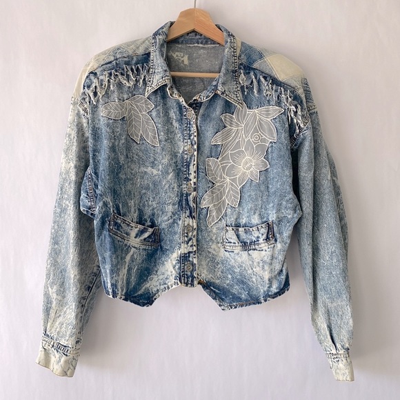 Jackets & Coats Vintage Stone Washed Fringe Padded Shoulder Denim